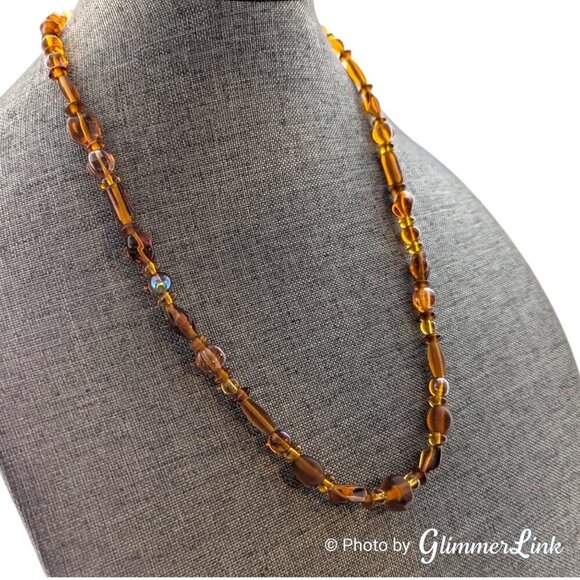 Honey Brown Mixed Bead AB Aurora Borealis Silver Tone Toggle Clasp Necklace - Picture 2 of 12
